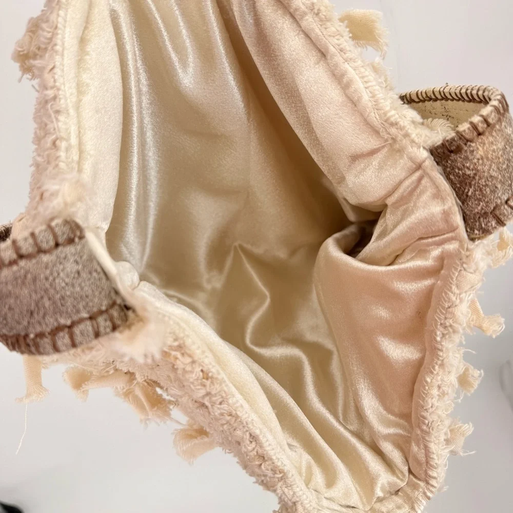 Handmade Boho Crochet Crossbody Bag Leather Trim‎ Satin Lined Neutral Rustic - Picture 13 of 15